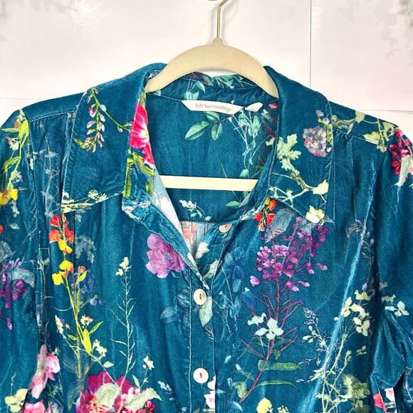Soft Surroundings Velvet Floral Blouse Top Womens Medium Blue Button Down Shirt - Picture 3 of 15
